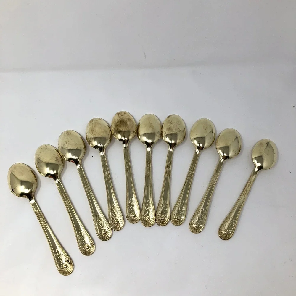 Vintage EP Zinc Gold Tone Ornate Floral Scroll Teaspoons Set of 10 Demitasse